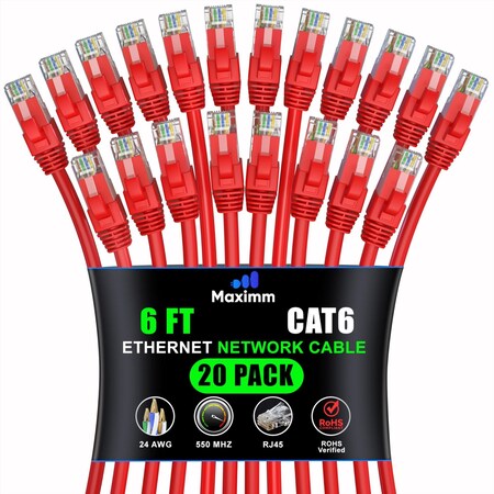 Maximm Cat6 Ethernet Cable 6ft 10Gbps 550MHz UTP, 20PK, Red, 20PK CAT6CCA-6RD-20PK