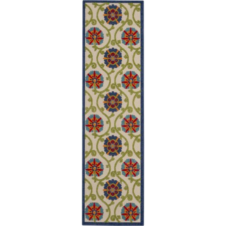 Homeroots 10' Navy Blue Beige Green Blue And Red Floral Indoor Outdoor Runner Rug 546781