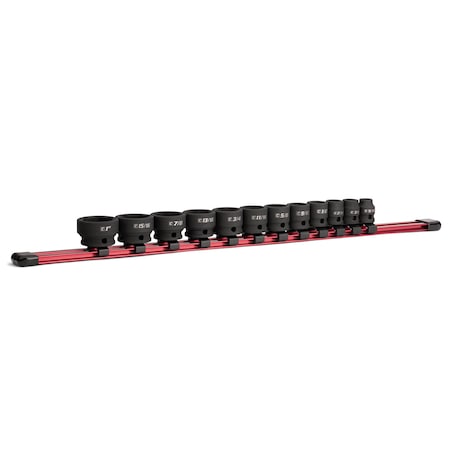 Capri Tools 3/8 in. Drive Stubby Impact Socket Set, SAE, 5/16 to 1 in., 12-Piece with Red Aluminum Socket Rail CP53450RRD