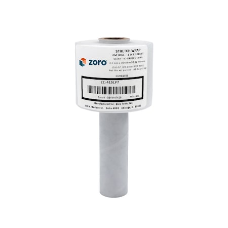 Zoro Hand Stretch Wrap, 3 in W x 1,000 ft L, 80 ga, Clear, 1 Roll PVT03 80Z