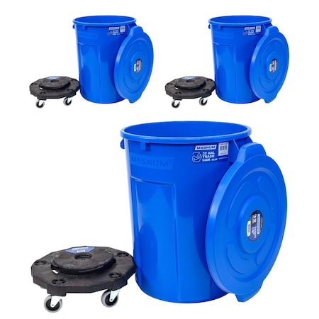 Magnum Tool Blue 32 Gallon Trash Can Set, Trash Can, Quiet Dolly, and Reinforced Lid, 3 Set CMTC-CLD0-32B03