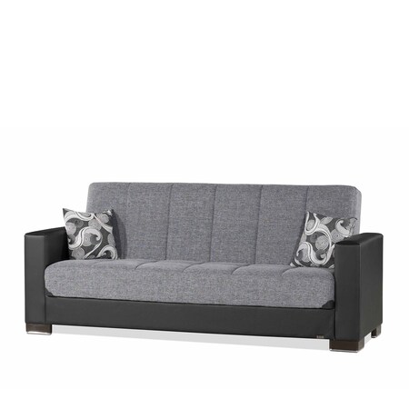 Homeroots 87" Gray And Black Chenille And Faux Lthr Convertible Futon Sleeper Sofa And Toss Pillows w/Storage 607169