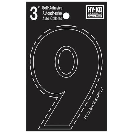 Hy-Ko 30400 Series Die-Cut Number, Character: 9, 3 in H Character, Black Character, Vinyl 30409