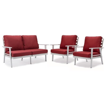 Leisuremod Walbrooke 3-Piece Outdoor Patio Set, White Aluminum Frame & Removable Cushions, Red WW-57-31R