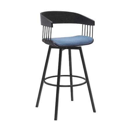 Armen Living Athena 31in Swivel Black Wood Bar Stool in Blue Fabric with Black Metal LCATBABLKBLU30