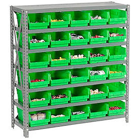 Global Industrial Steel Shelving with 30 4"H Plastic Shelf Bins Green, 36x18x39-7 Shelves 603435GN