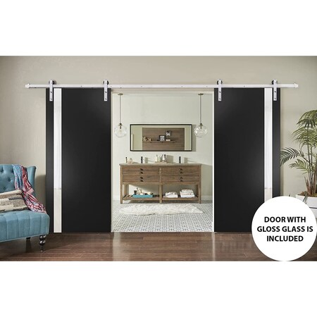 Sartodoors Sturdy Double Barn Door, Planum 0040 Matte Black with White Glass, Silver 13FT Rail Hangers Heavy S PLANUM0040DB-S-BLK-36