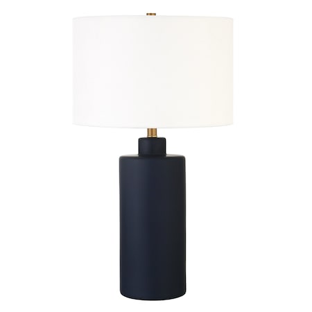 Homeroots 25" Navy Blue Ceramic Cylinder Table Lamp With White Drum Shade 524336