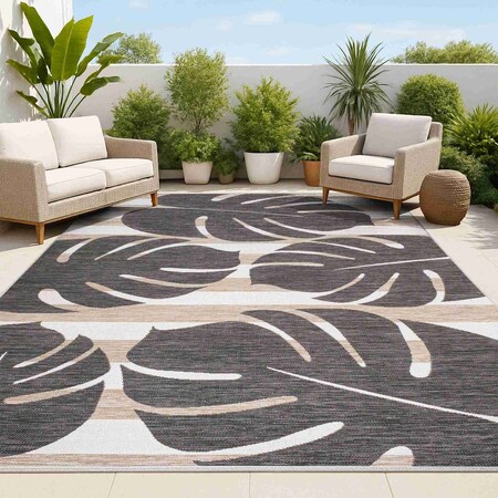 Jonathan Y Allison Classic Beach Stripe and Monstera Leaf Black/Beige 3 ft. x 5 ft. Indoor/Outdoor Area Rug TSN400A-3