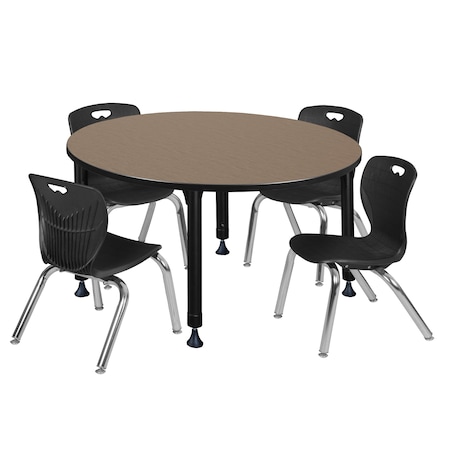 Regency Round Kee Adjustable Classroom Table W/ 4 Andy Stack Chairs, 48 in W, 48 in L, Noble Oak TB48RNDNOAPBK45BK