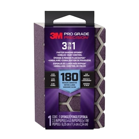 3M 3-in-1 Sanding Sponge, 2-1/2 in L, 4-1/2 in W, 180 Grit, Medium DCDA180-PGP-1T