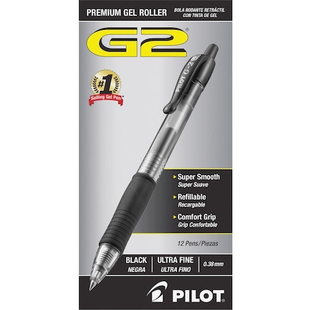 Pilot G2 Gel Retractable Rollerball Pen, Ultra Fine, 0.38mm, Black Ink, Dozen 31277