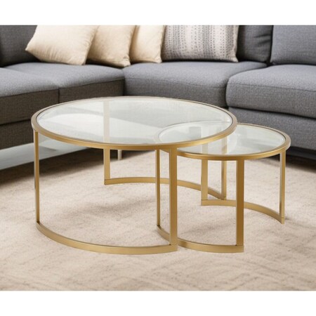 Homeroots Set of Two Gold Glass And Steel Round Sled Nested Coffee Tables 520914