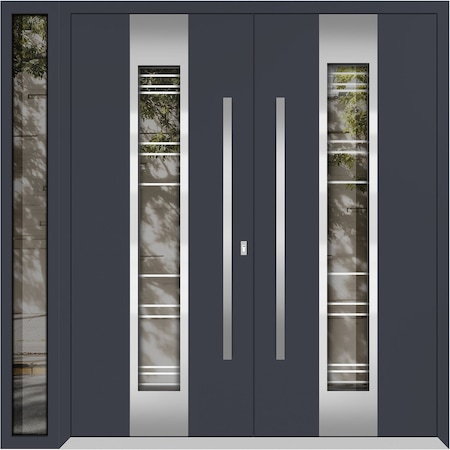 Vdomdoors Metal Double Doors Deux 5755 Gray Graphite Clear Glass 1 Sidelight Entry Modern Painted 84x96 (W72+ DEUX5755DEXD-GRE-W72+12xH96-LH-I