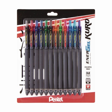 Pentel EnerGel Kuro Gel Pen, Retractable, Medium 0.7 mm, Assorted Ink Colors, Black Barrel, 12PK BL437R1BP12M