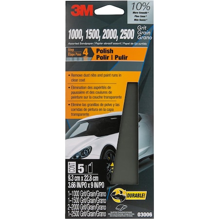 3M Wetordry Sandpaper 03006, 3 2/3 in x 9 in, Asst Grit, 5/Pack, 20/Case, 20PK 3006