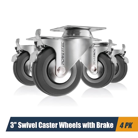 Powertec 3" Swivel Rubber Caster Wheels w/ Brake & 640 lbs Loads, Heavy Duty Plate Casters, Dual Locking, 4PK 17023-P4