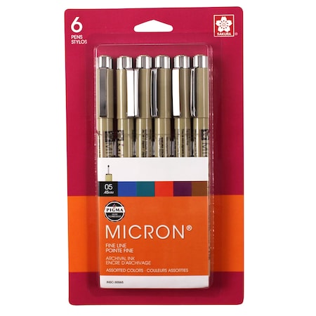 Sakura Pigma Micron Pens, Size 05, Assorted Colors, 6-Piece Set, Blister Card 30065