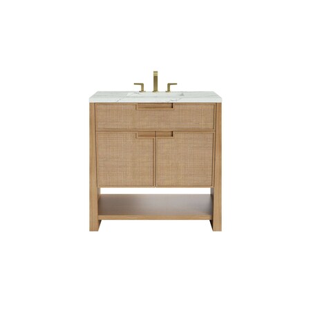 James Martin Vanities Solene 36 in. Single Vanity, Seaside Oak, w/ 3 CM Ethereal Noctis Quartz Top D225-V36-SSO-3ENC