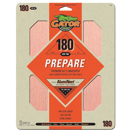 Gator Finishing AlumiNext Premium 9 x 11 in. Sandpaper, 180 Grit, 3PK 7265
