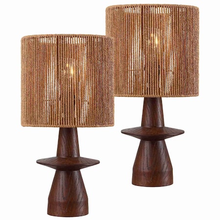 Jonathan Y Rickie 19" Bohemian Coastal Sculptural Resin w/Hand-Woven Paper Rope Drum Shade LED Table Lamp, , 2PK JYL5509B-SET2