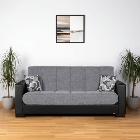 Homeroots 87" Gray And Black Chenille And Faux Lthr Convertible Futon Sleeper Sofa And Toss Pillows w/Storage 607169