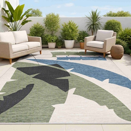 Jonathan Y Shelby Coastal Vintage Abstract Palm Leaf Navy/Cream 5 ft. x 8 ft. Indoor/Outdoor Area Rug TSN403A-5