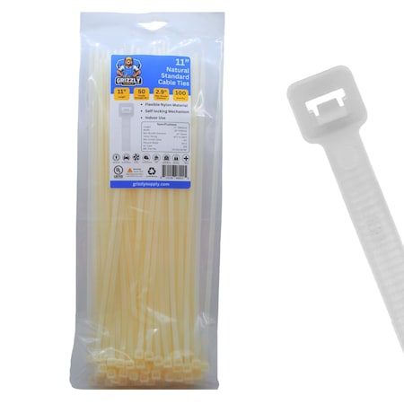 Grizzly Supply Cable Tie, 11 in L, 50 lb Strength, 3.2 in Max Bundle Dia, Nylon 6/6, Natural, 100PK GS-S11-50-9C