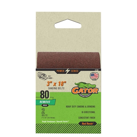 Gator Finishing Red Resin 3 x 18 in. Sanding Belt, 80 Grit, Medium, 2PK 3159