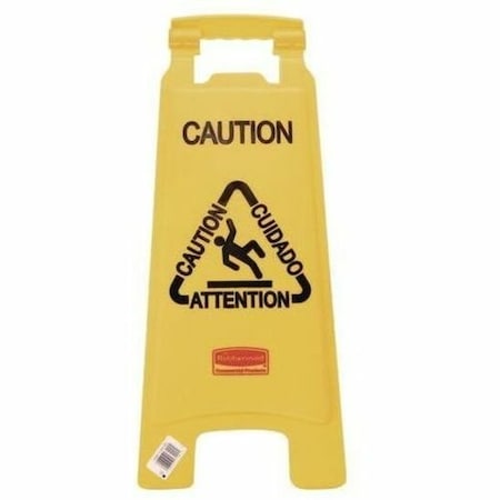 Rubbermaid Commercial Multilingual "Caution" Floor Sign, Plastic, 11x12x25, Bright Yellow FG611200YEL