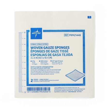 Medline Woven Sterile 8-Ply Gauze Sponges, USP Type VII, 4in x 4in in 2-Packs, 50PK PRM21448Z