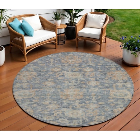 Homeroots 8' Denim Blue Brown And Beige Round Damask Washable Indoor Outdoor Area Rug 603847