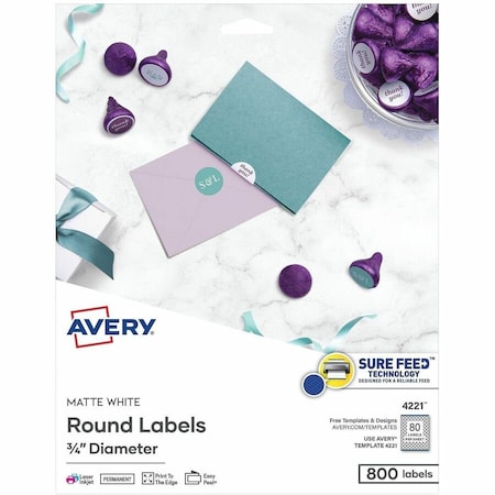 Avery Dennison Avery, PRINTABLE SELF-ADHESIVE PERMANENT ID LABELS W/ SURE FEED, 3/4in DIA, WHITE, 800PK 4221