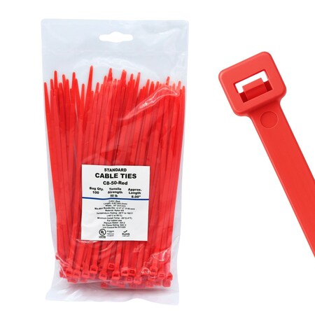 Cable Ties Unlimited Cable Tie, 8 in L, 50 lb Strength, 2.2 in Max Bundle Dia, Nylon 6/6, Red 100PK   C8-50-Red
