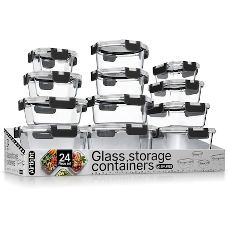 Bakkenmaster Borosilicate Glass Food Storage Containers with Lids, BPA-Free, Airtight and Leak-Proof, Black, 24PK EMPGFCL24BK