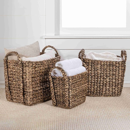 Happimess Clara Hand-Woven Hyacinth Rectangle Storage Floor Baskets with Handles, Brown (Set of 3), 3PK BSK2001B-3SET