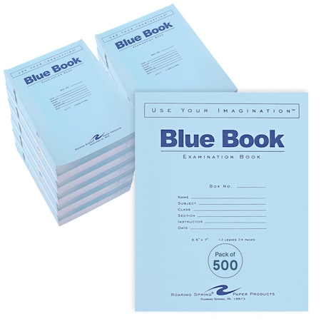 Roaring Spring Case of Exam Blue Books, 8.5" x 7", 12 Sheets/24 Pages, Wide Ruled with Margin, PK500 77513cs