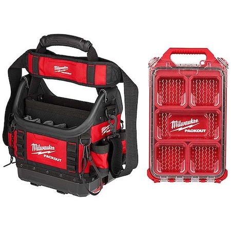 Milwaukee Tool Tote + Compact Organizer, Black, Red, Ballistic Nylon, 35 Pockets 48-22-8311, 48-22-8436