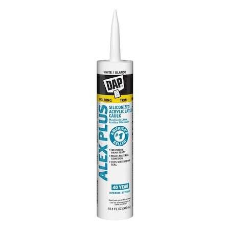 Dap Silicone Caulk, 10 oz, Cartridge, White, Silicone Base, ALEX PLUS 18152