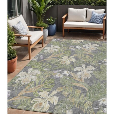 5' X 8' Gray Beige And Olive Green Botanical Leaves Washable Indoor Outdoor Area Rug