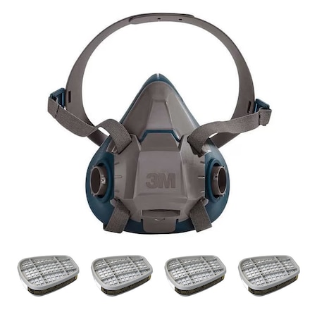 3M Half Mask Respirator Kit: 4 Chemical Cartridgegs Included, Black/Olive, (FM), (OV), Bayonet, Size L 29WT67-5AJ48