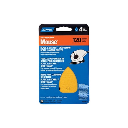 Norton Sanding Sheet, 3 in W, 7 in L, 120 Grit, Medium, Aluminum Oxide Abrasive, Paper Backing, 5PK 07660702316