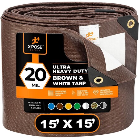 Xpose Safety Tarp, 15 ft x 15 ft, 20 Mil, Brown/White, Polyethylene UHD-1515-X