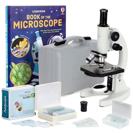 Amscope M60 Student Metal Compound Microscope 40x-1000x Magnification with ABS Case, 25pc Specimens & Book M60C-ABS-PS25-WM