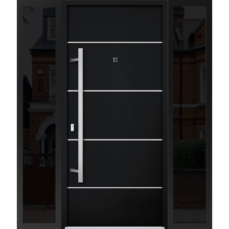 Vdomdoors Steel Door Deux 6083 Black Enamel 2 Sidelight Exterior Windows Sidelites/ Stainless Inserts Entry D DEUX6083EXD-BLK-W12+36+12 x H80-RH-I