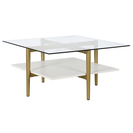 Homeroots 32" White And Gold Glass And Steel Square Coffee Table With Shelf 521987