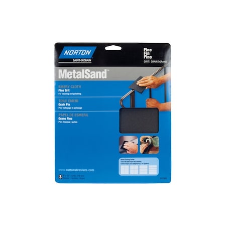 Norton MetalSand 076607 Sanding Sheet, 11 in L, 9 in W, Medium, Emery Abrasive, Cloth Backing, 3PK 07660747820