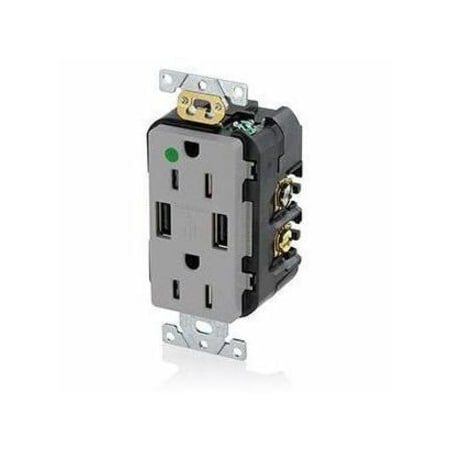 Leviton USB Receptacle, 15 A, 1/2 hp, Gray, PBT T5632-HGG