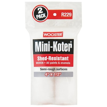 Wooster Mini Roller Cover, 1/2 in Thick Nap, 4 in L, Fabric, 2/PK, 2PK R229-4