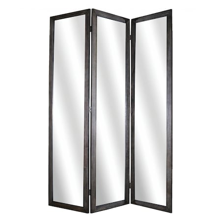 Homeroots 69" Black Wood and Mirrored Glass Folding Three Panel Screen Room Divider 274676
